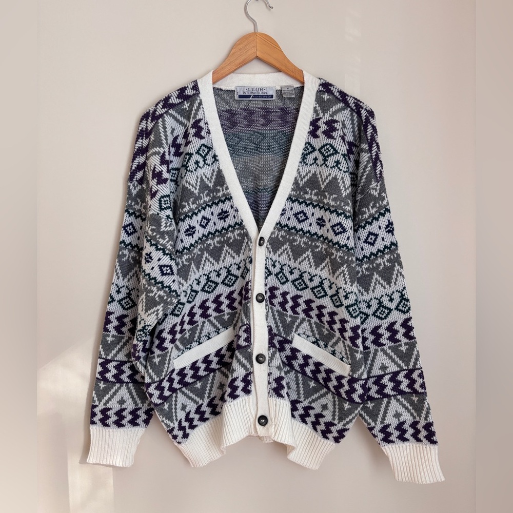 Vibrant Purple and Green Cardigan Grandpa Sweater with Fair Isle Pattern